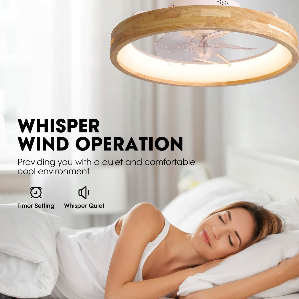 Aeria Whisper Wind Operation ceiling fan — quiet and comfortable cool environment, timer setting, whisper quiet for restful sleep | CARRA HOME