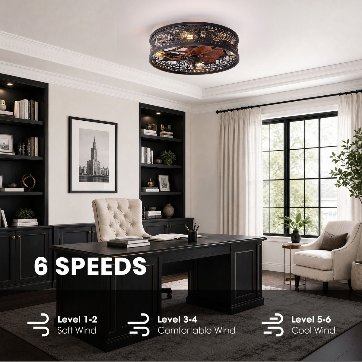 Aerof Ceiling Fan 6 speed settings — Level 1-2 soft wind, Level 3-4 comfortable wind, Level 5-6 cool wind, home office application | CARRA HOME