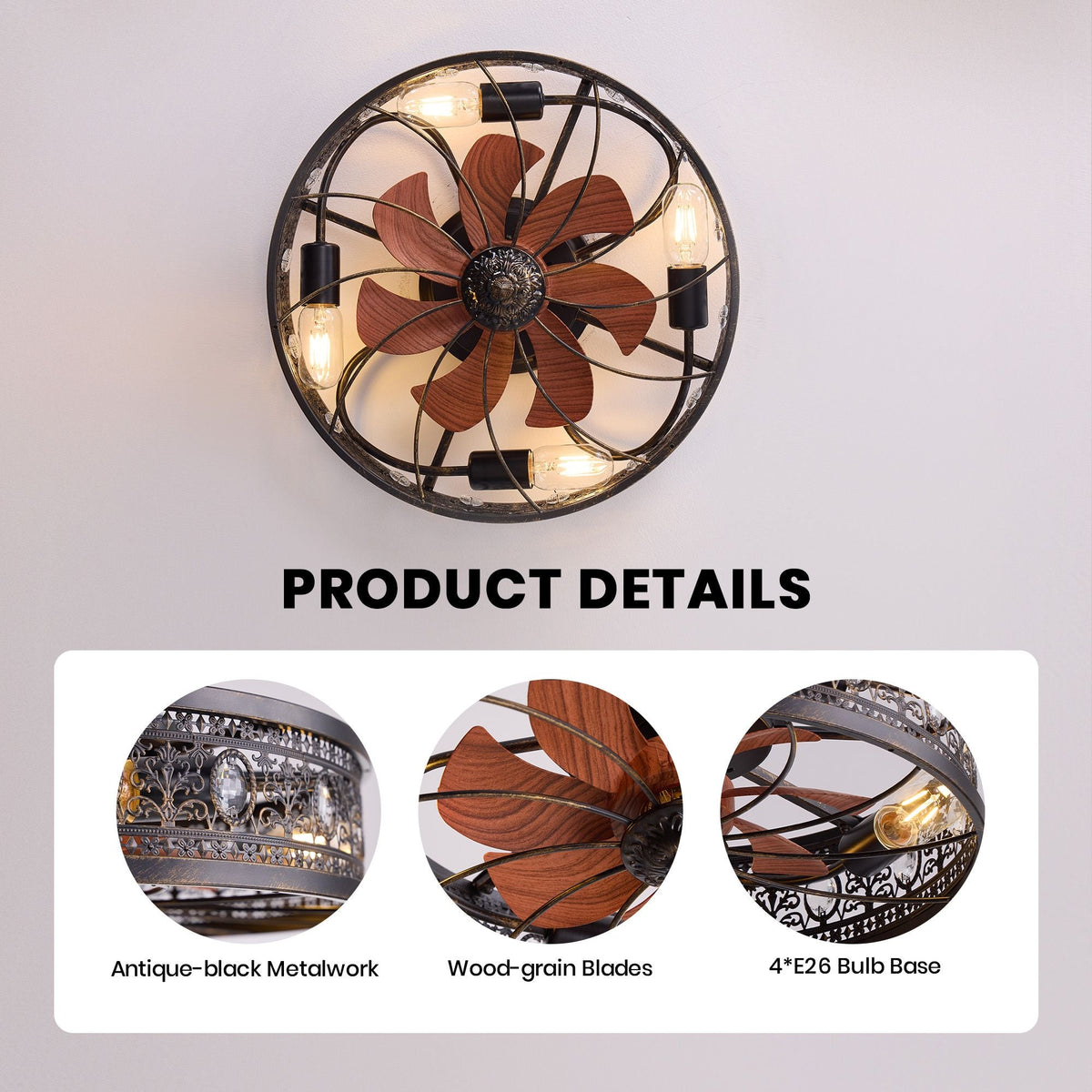 Aerof Ceiling Fan product details — antique-black metalwork, wood-grain blades, 4xE26 bulb base, crystal embellishments, close-up craftsmanship | CARRA HOME