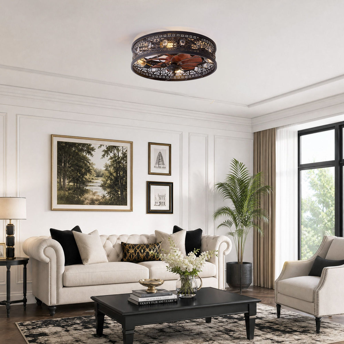 Aerof Caged Ceiling Fan in elegant living room — white paneled walls, beige sofa, black coffee table, large windows, vintage industrial charm | CARRA HOME