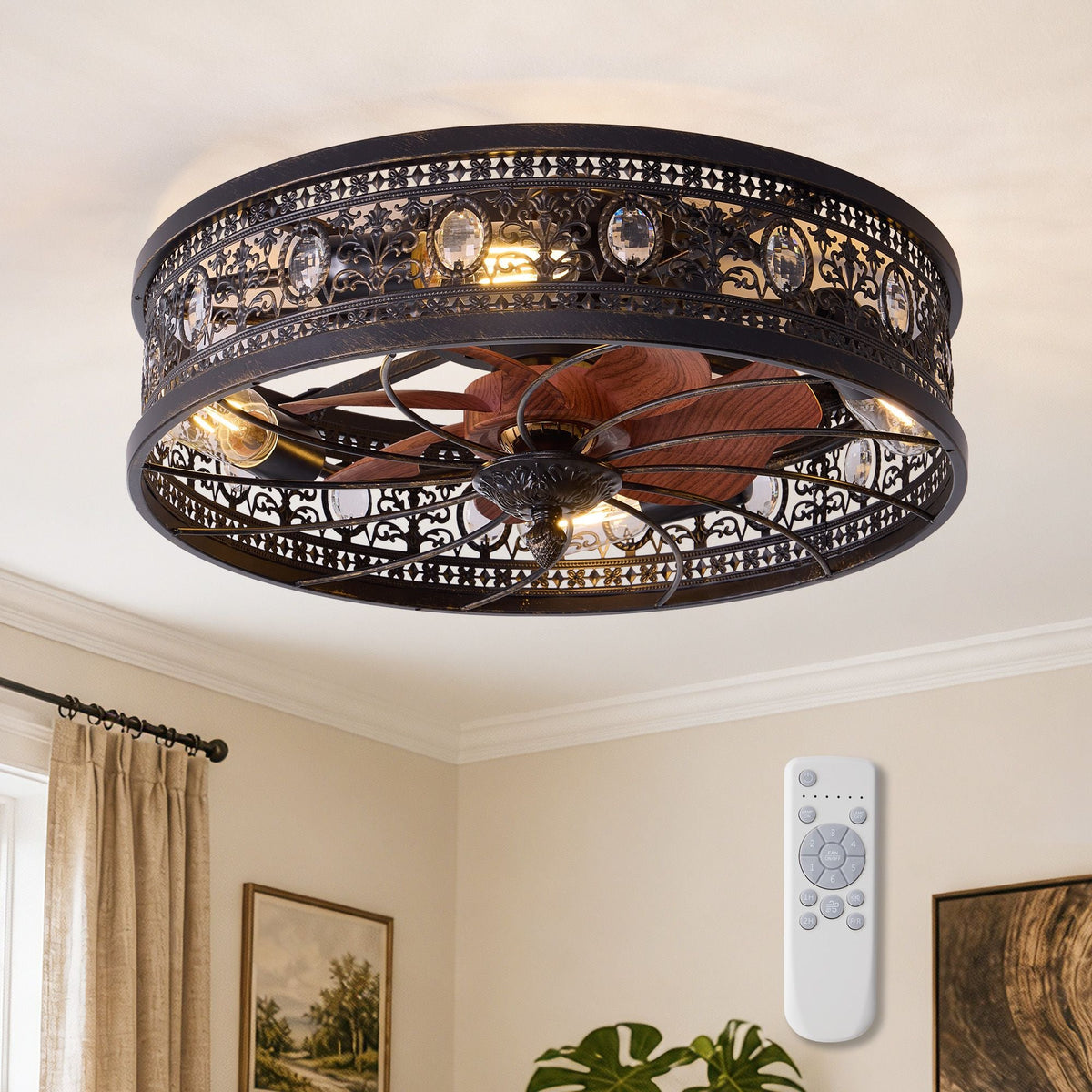 Aerof 20" Modern Flush Mount Caged Ceiling Fan with Light — antique black metal cage, wood-grain blades, crystal accents, remote control, warm glow living room setting | CARRA HOME