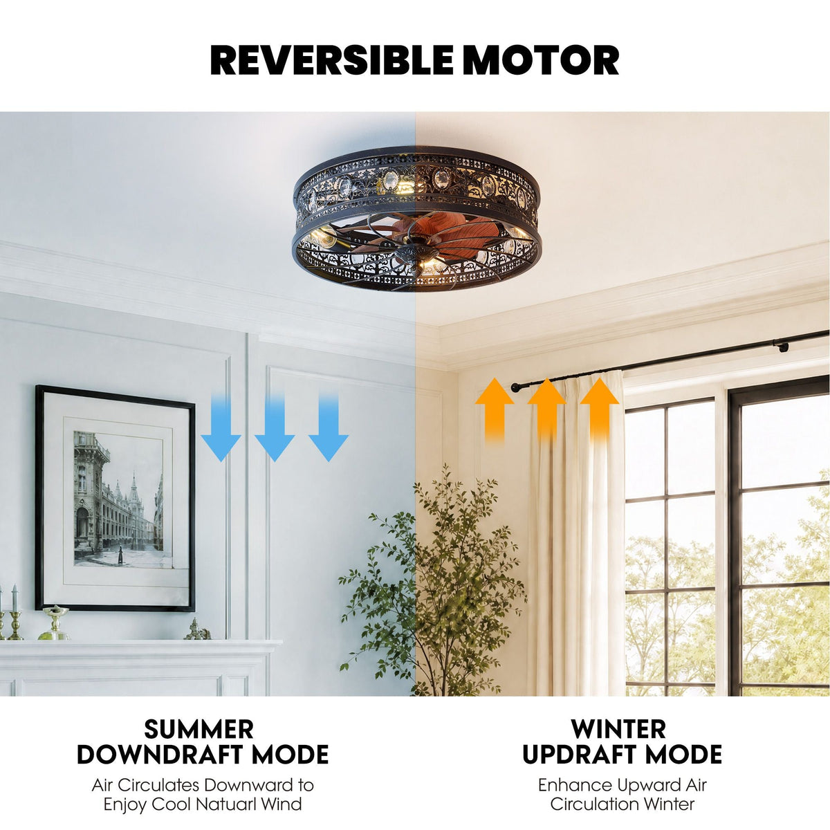Aerof Ceiling Fan reversible motor — summer downdraft mode for cool natural wind, winter updraft mode to enhance upward air circulation and warmth distribution | CARRA HOME