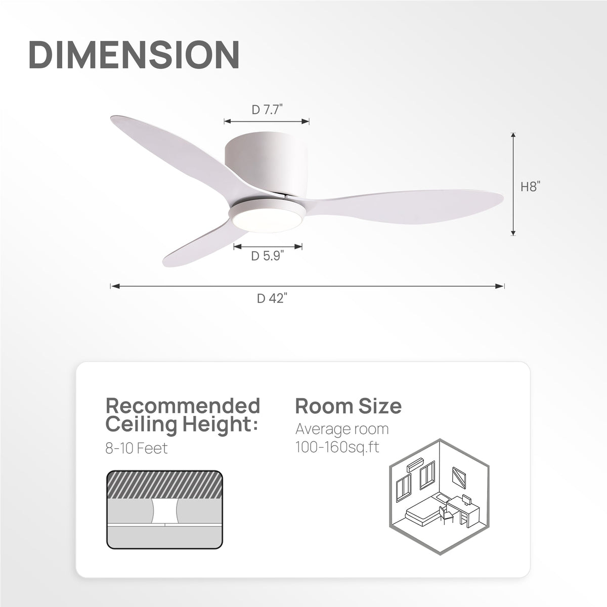 Aeroform 42" White Flush Mount Ceiling Fan dimensions — 42" diameter, 8" height, recommended ceiling height 8–10 ft, ideal for rooms 100–160 sq ft | CARRA HOME