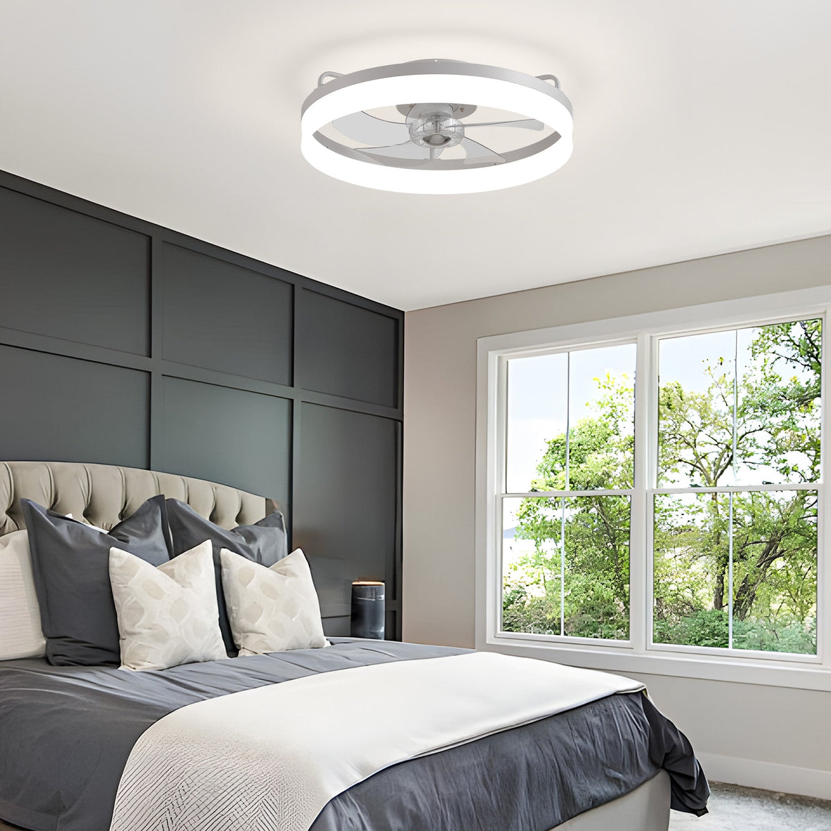 Aeros White Ceiling Fan in modern bedroom — dark accent wall, gray upholstered headboard, soft LED glow, quiet reversible airflow for restful sleep | CARRA HOME