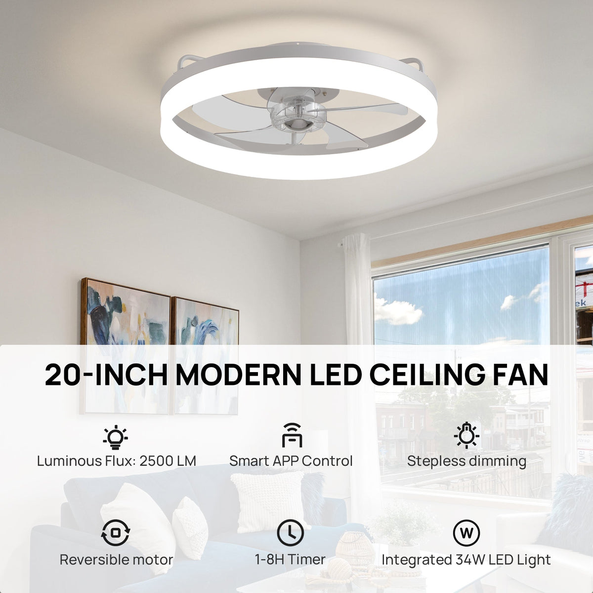 Aeros Ceiling Fan key features — 2500LM luminous flux, smart app control, stepless dimming, reversible DC motor, 1-8H timer, integrated 34W LED light | CARRA HOME