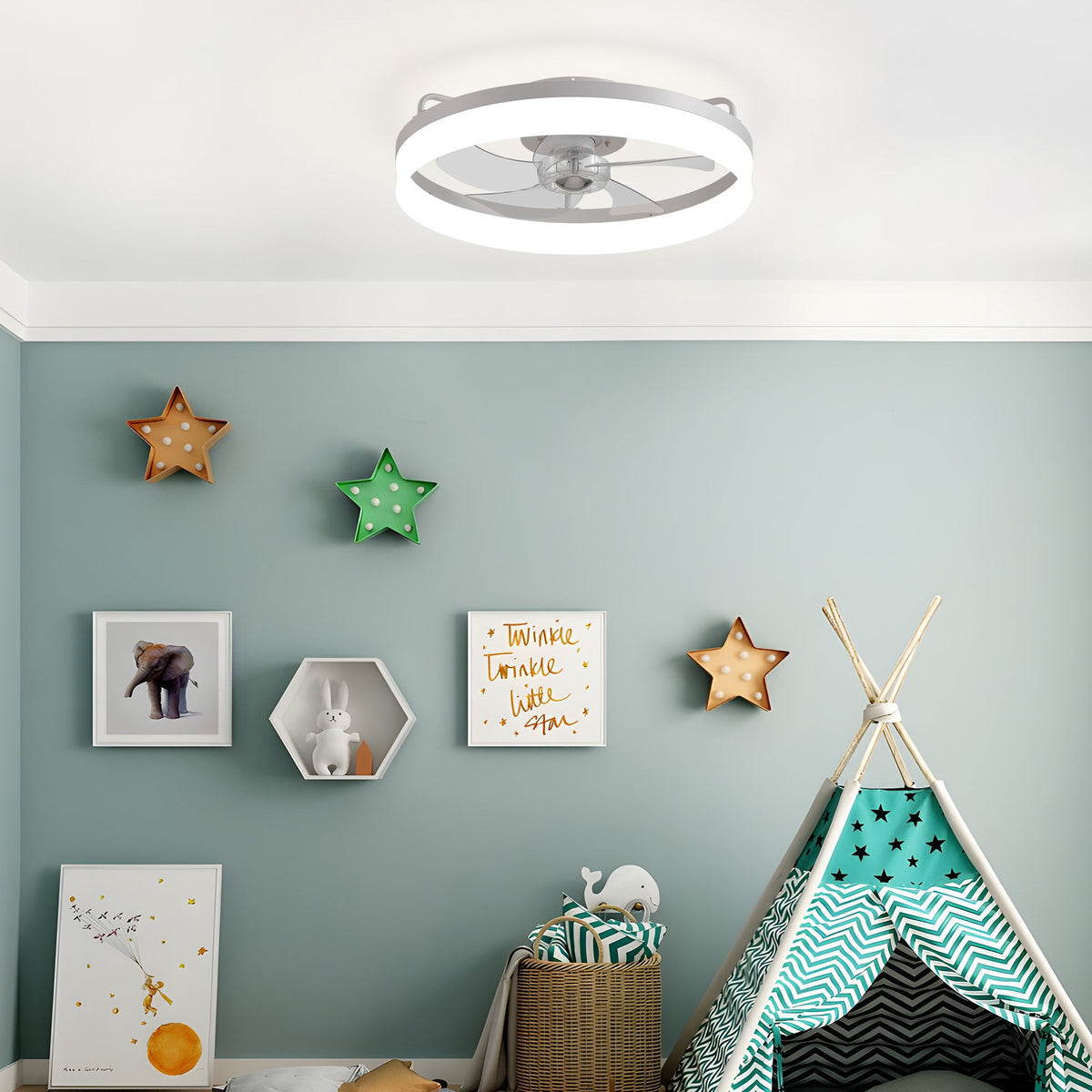 Aeros White LED Fan in playful kids room — star decals, teepee tent, whale plush, soft ambient lighting, whisper-quiet motor safe for nurseries | CARRA HOME