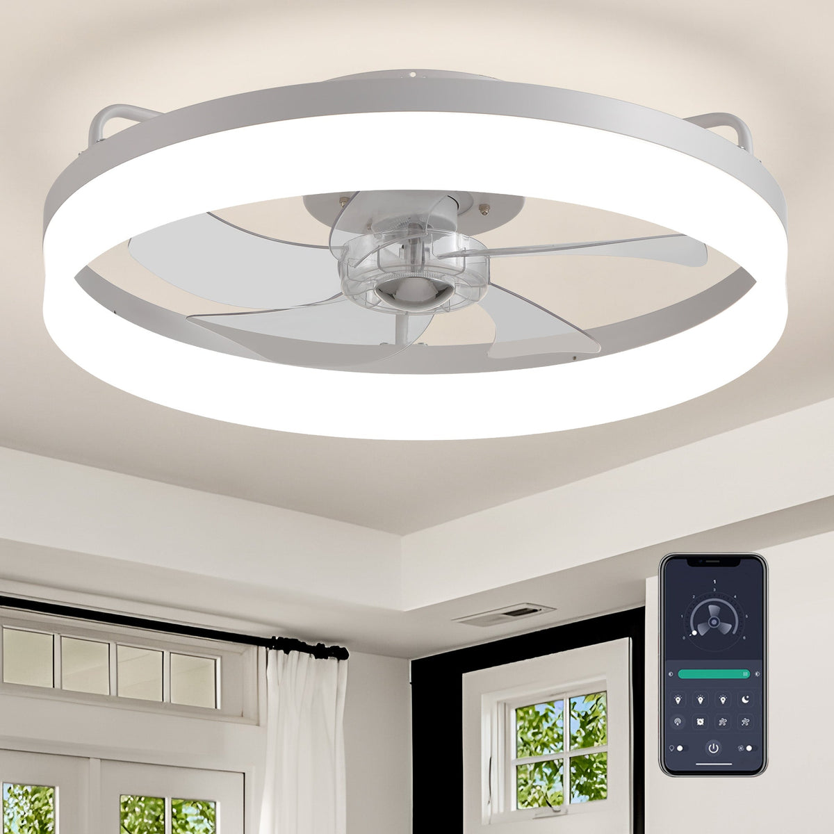Aeros 19.69" Modern White Low Profile Caged Ceiling Fan with LED Light — sleek white ring, integrated LED, smart app & remote control, minimalist design for modern home | CARRA HOME