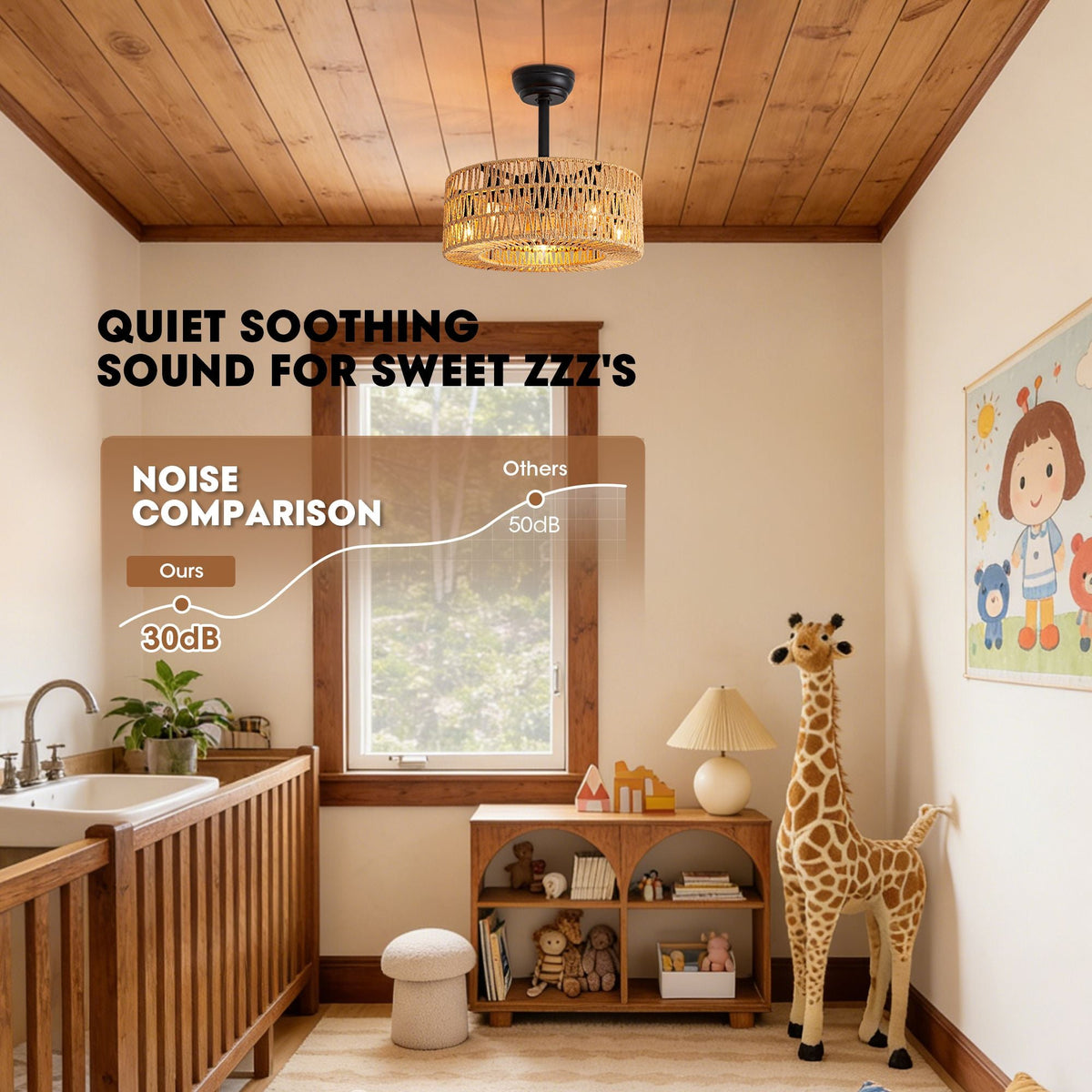 Quiet 30dB noise level comparison vs traditional fans (50dB), silent operation for nurseries | CARRA HOME