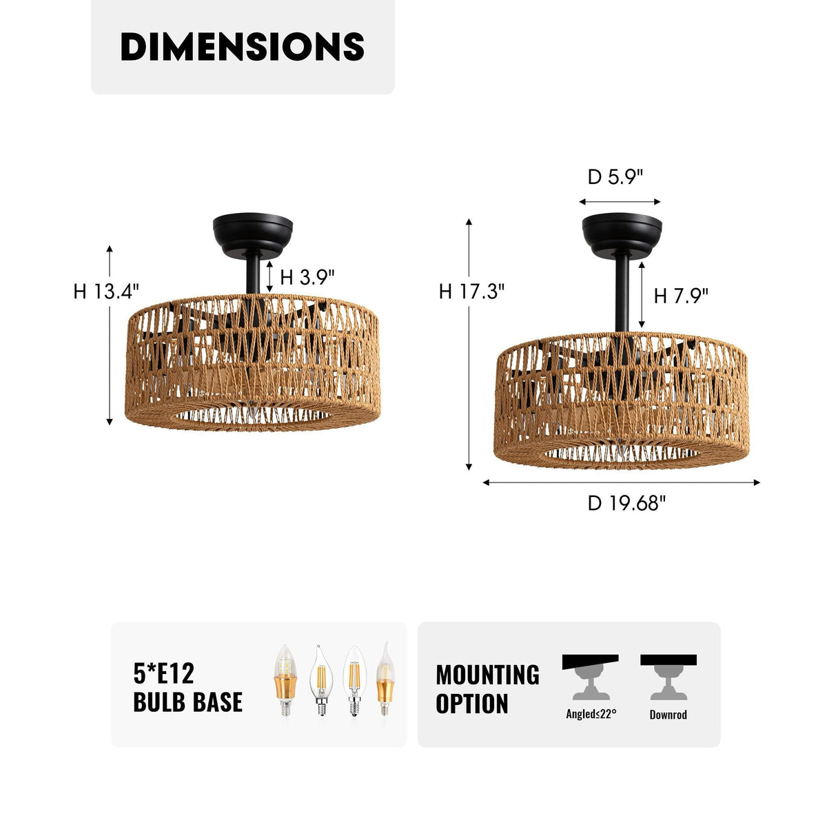 Technical drawing of Aerosyn 20 inch rattan ceiling fan showing dimensions: Height 13.4"/17.3", Diameter 19.68", with adjustable downrod options and mounting types | CARRA HOME