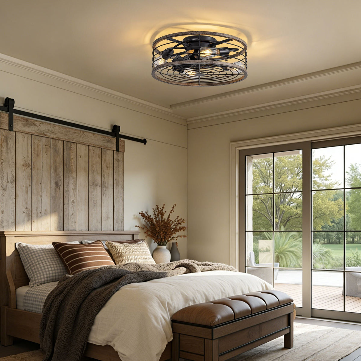 Aerux light blue ceiling fan in farmhouse bedroom — dark wood bed, plaid and striped pillows, sliding barn door, bedside dried flowers, quiet operation for restful sleep | CARRA HOME