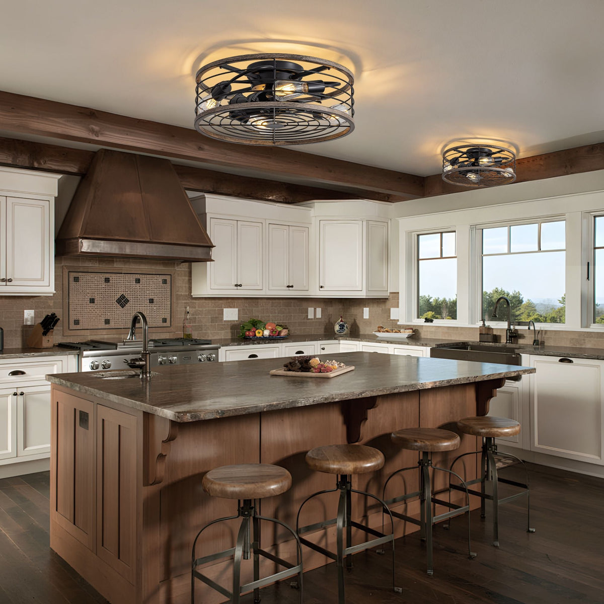 Aerux ceiling fan in rustic kitchen — stone counter island, rattan bar stools, white cabinets, copper hood, natural light, efficient airflow over cooking area | CARRA HOME