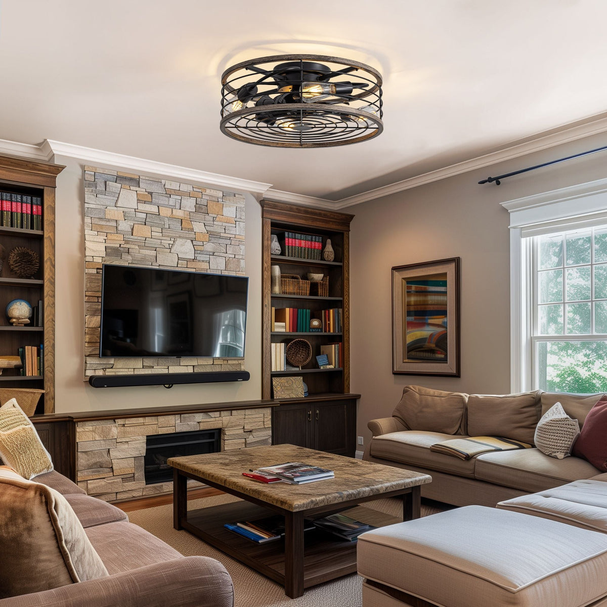 Aerux ceiling fan in modern living room — stone fireplace TV wall, dark wood bookshelf, beige sectional sofa, warm Edison bulb glow, cozy farmhouse-industrial ambiance | CARRA HOME
