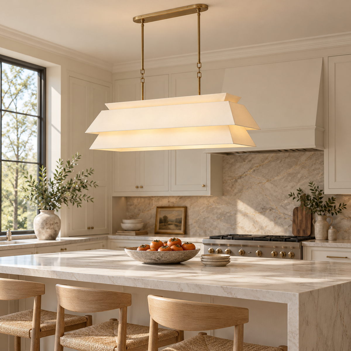 Ainsley fabric layered chandelier above a white stone kitchen island | CARRA HOME