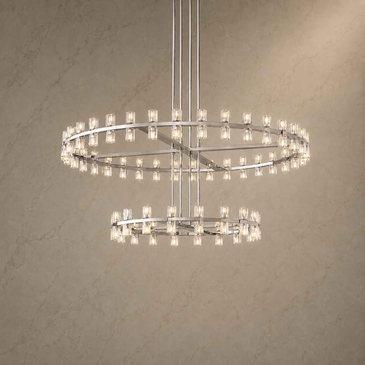 Akachon Glass Two-Tier Ring Chandelier in chrome, light on