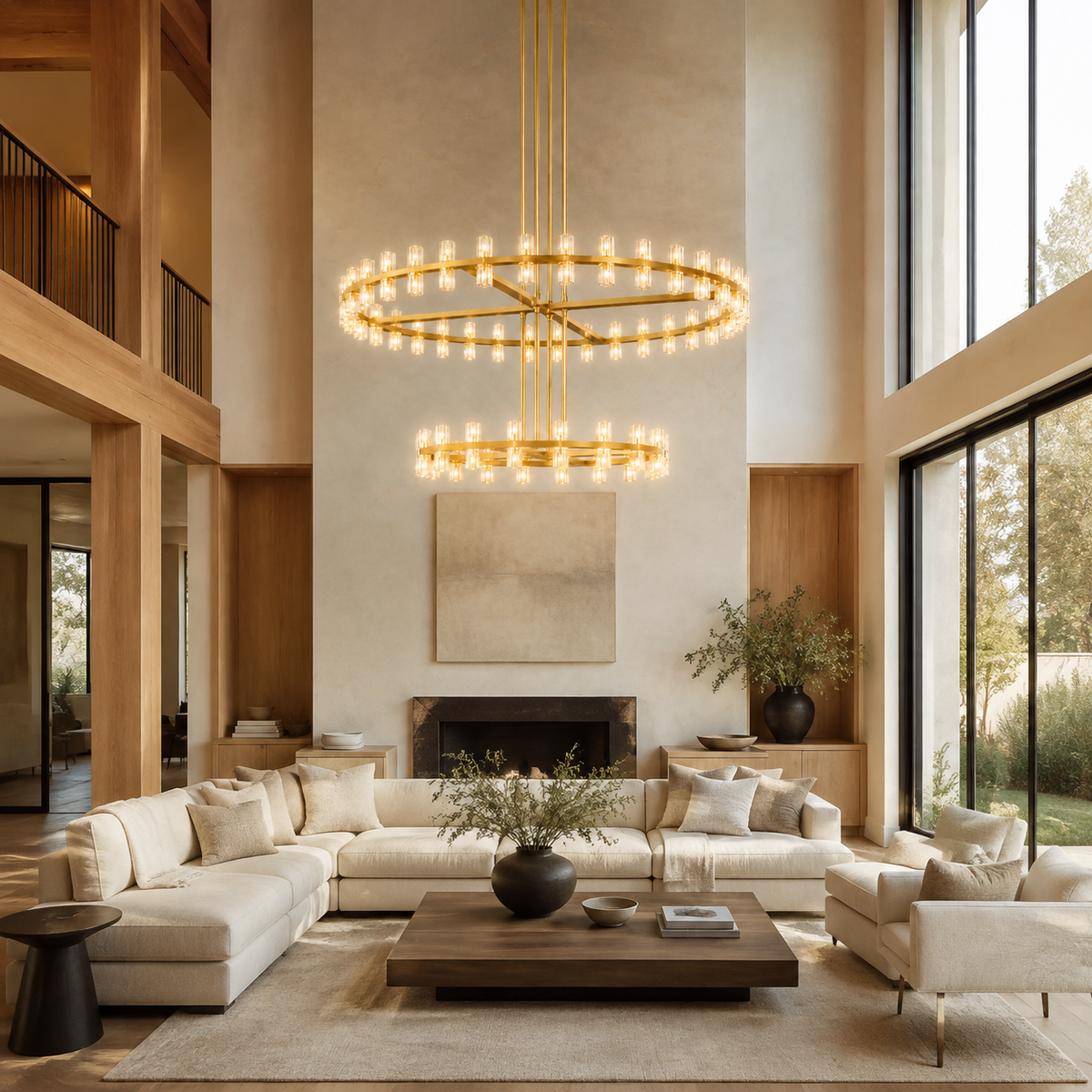 Akachon Glass Two-Tier Ring Chandelier in gold in a living room