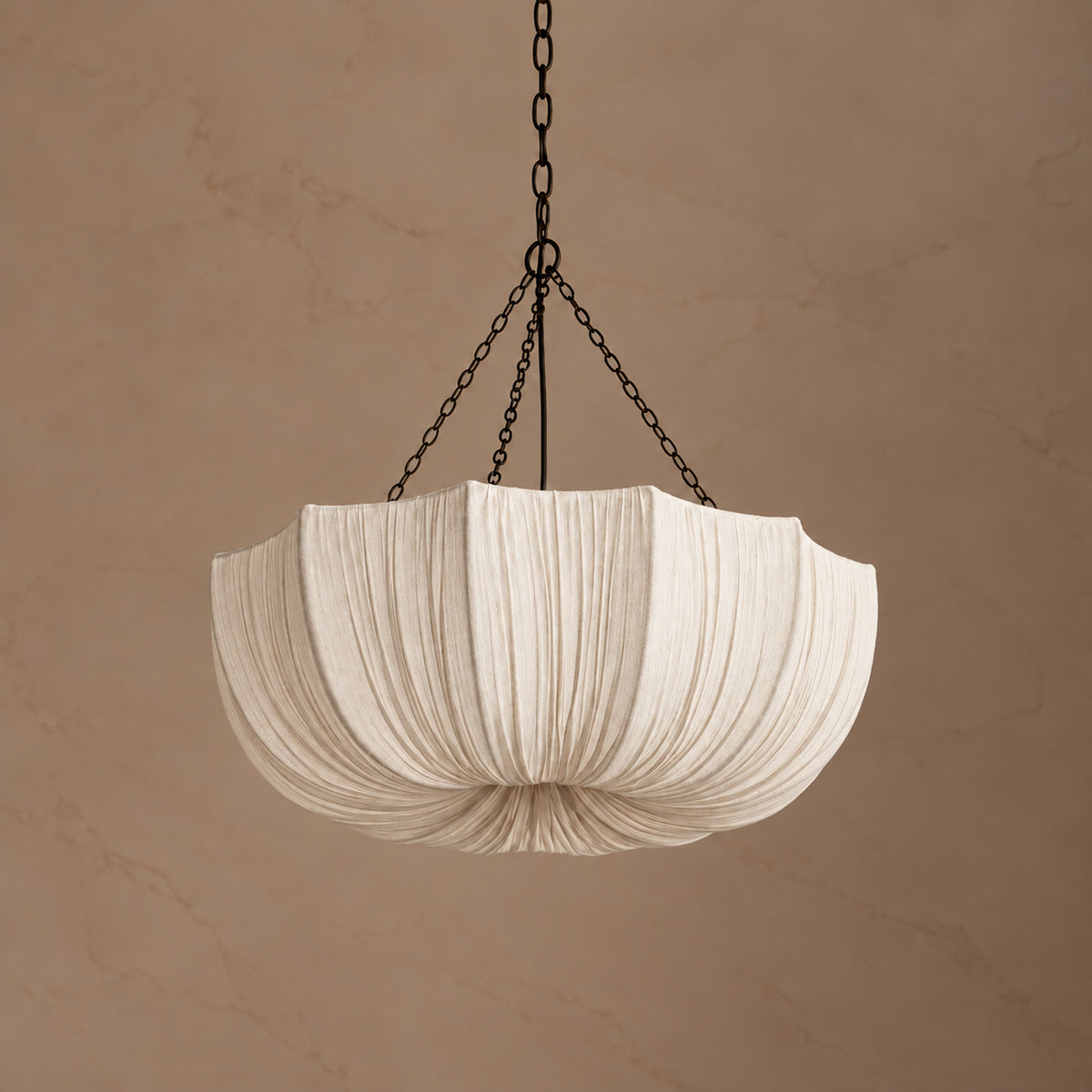 Aldwin 80 cm cotton pleated dome pendant light switched off, showing the ivory fabric and black chain suspension | CARRA HOME