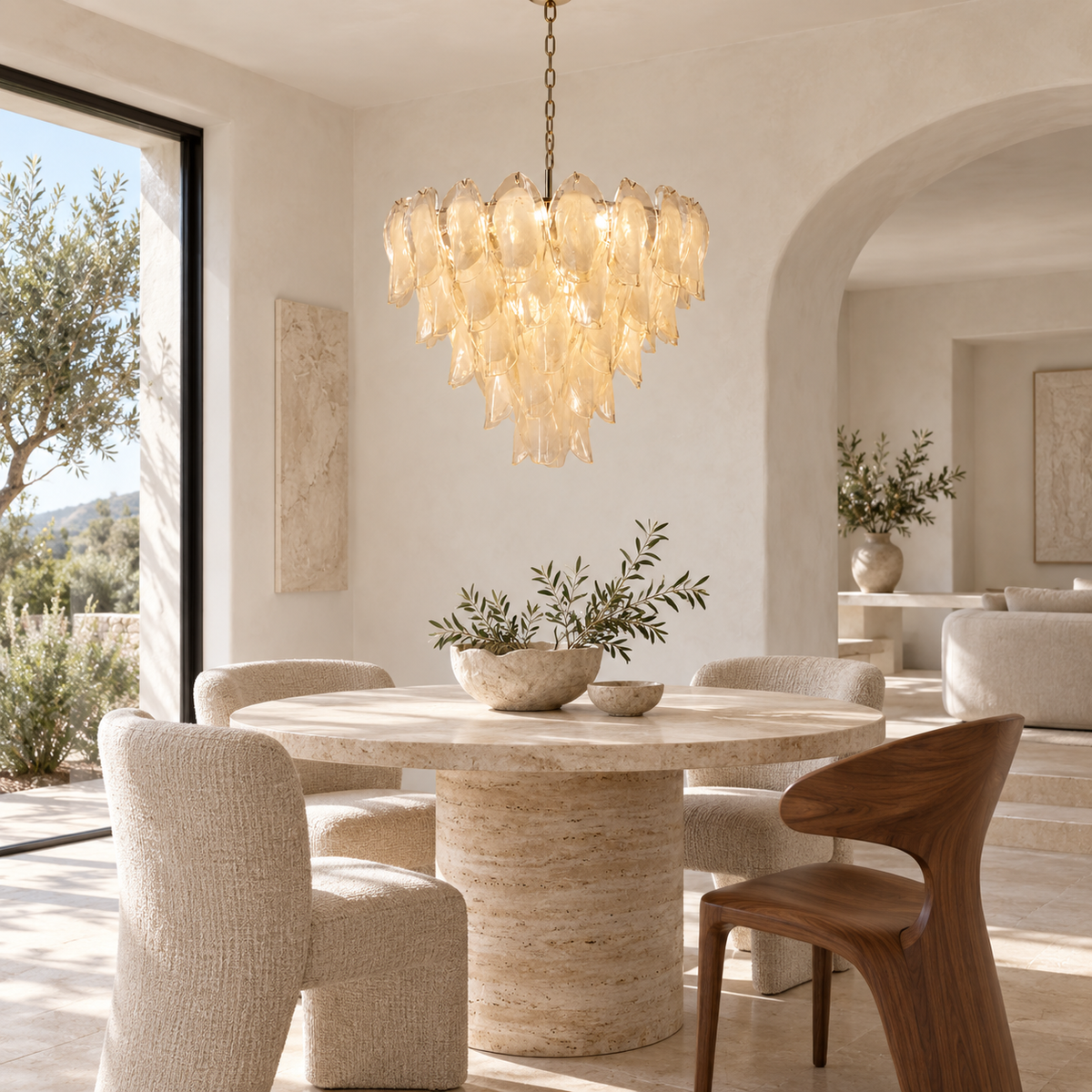 Altavilla five-tier glass petal chandelier above a dining table | CARRA HOME