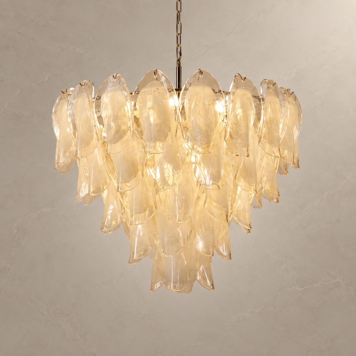 Altavilla five-tier glass petal chandelier, Size 3, lights on | CARRA HOME