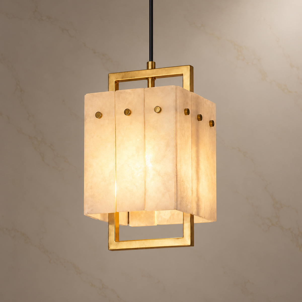 Althéa Brass Alabaster Box Pendant Light with lights on