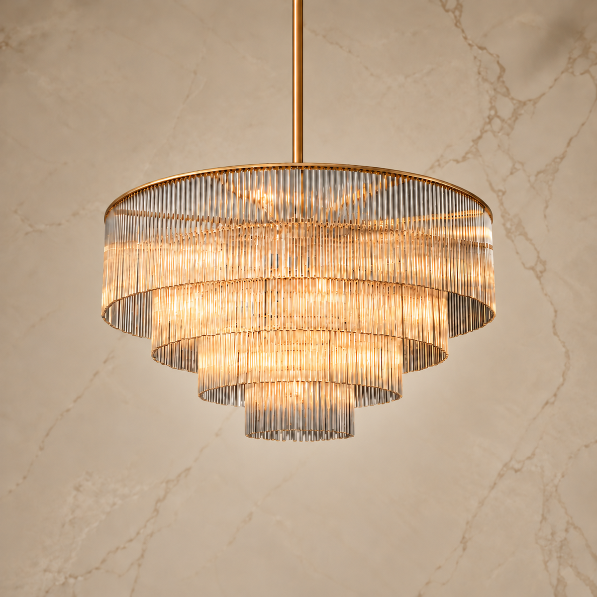 Amad Glass Rod Tiered Chandelier - Gold 60 cm four-tier light on | CARRA HOME