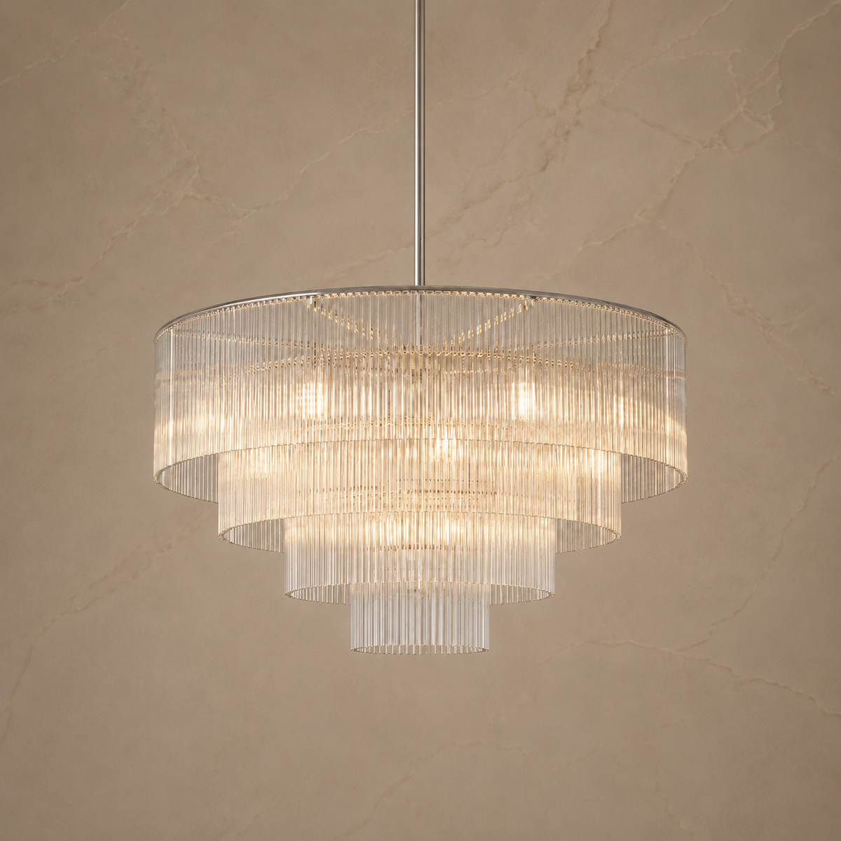 Amad Glass Rod Tiered Chandelier in chrome, light on