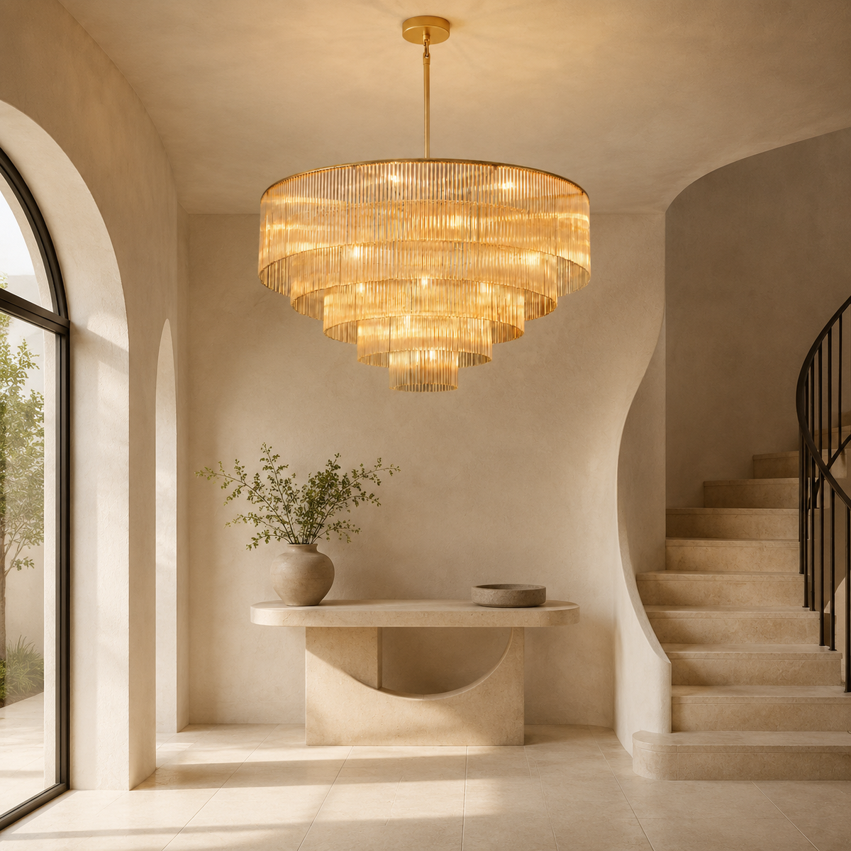 Amad Glass Rod Tiered Chandelier in gold in a foyer