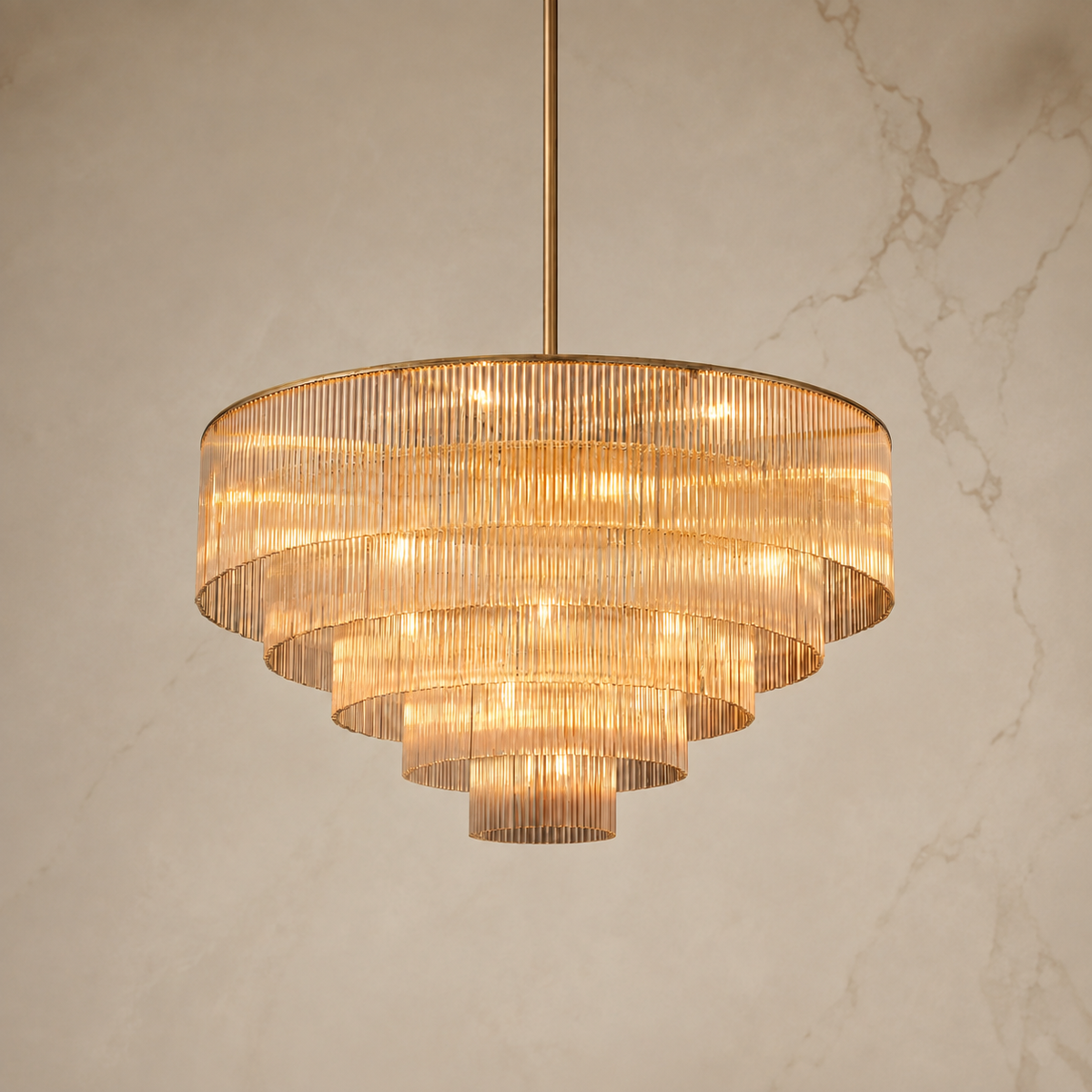 Amad Glass Rod Tiered Chandelier in gold, light on