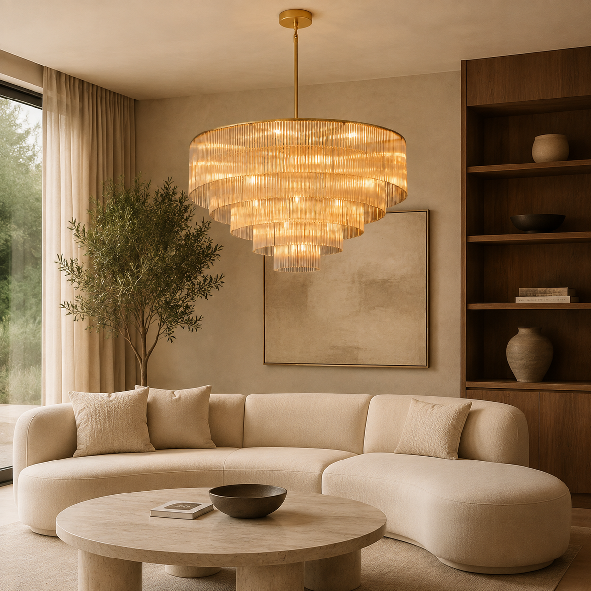 Amad Glass Rod Tiered Chandelier in gold in a living room