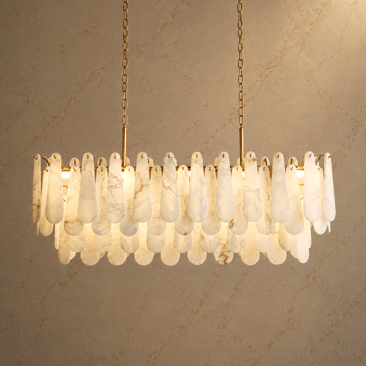 Apex Alabaster Linear Chandelier with lights on