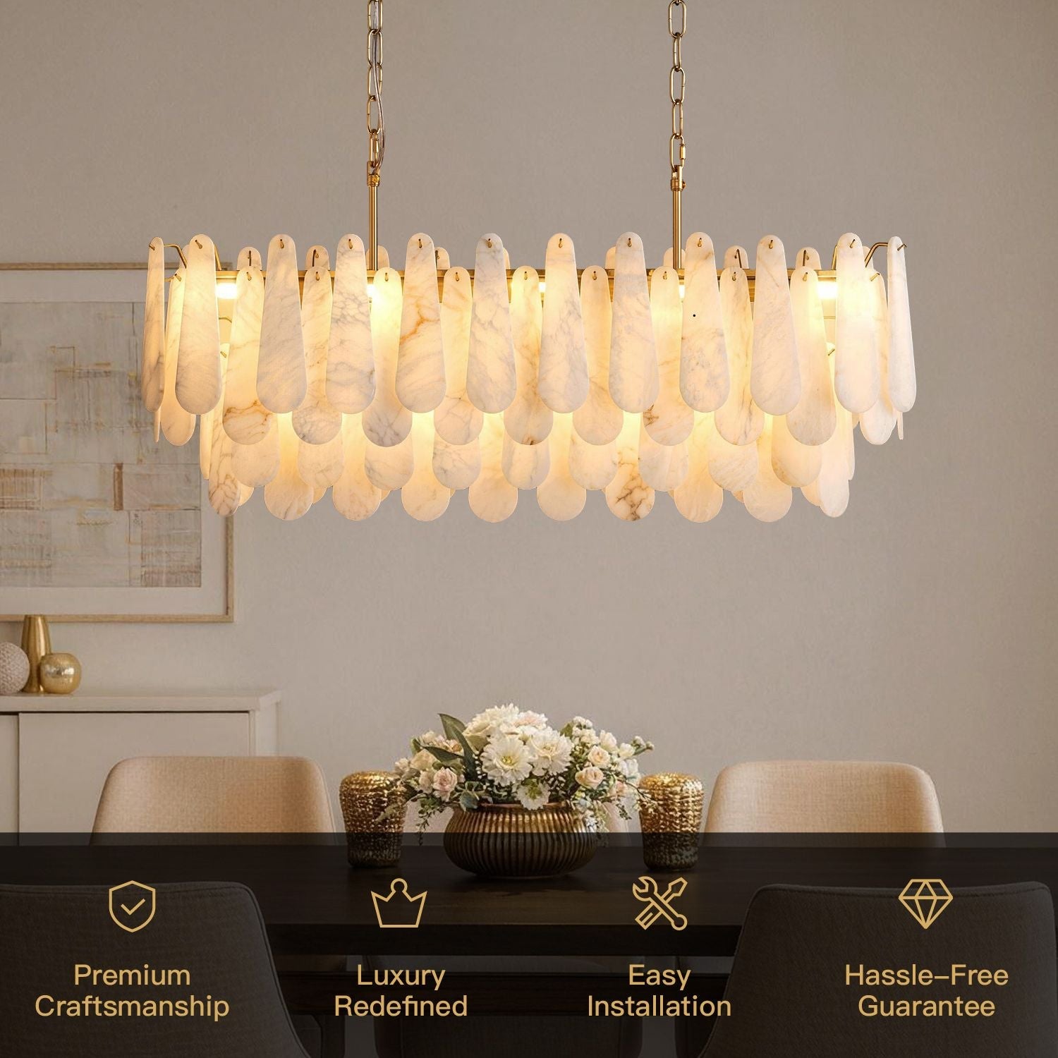 Apex Modern Minimalist Alabaster Linear Chandelier key features: Premium Craftsmanship, Luxury Redefined, Easy Installation, Hassle-Free Guarantee — displayed over a dark dining table with white floral centerpiece -carra-home
