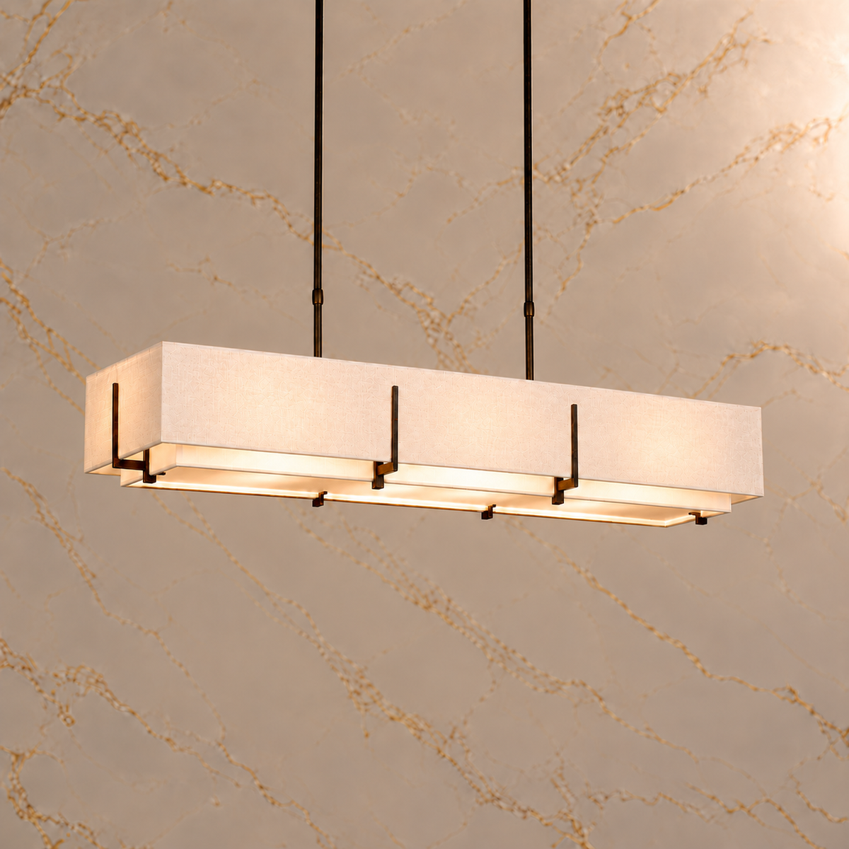 Arden White shade chandelier with Black hardware, light on | CARRA HOME