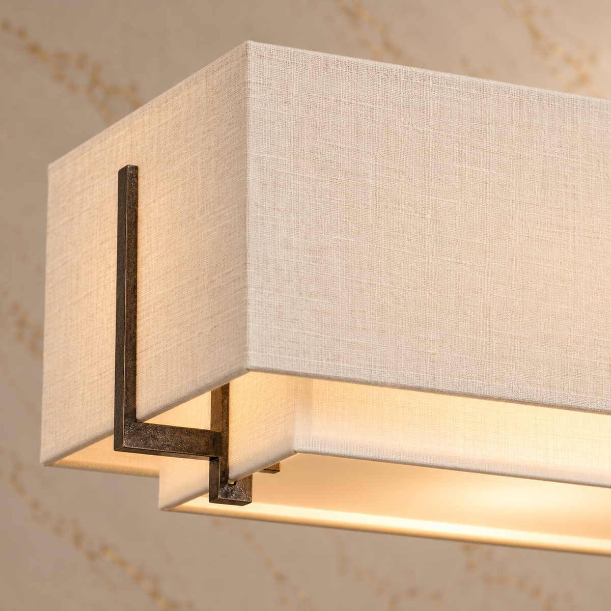 Arden Fabric Double-Shade Linear Chandelier linen layers and Natural Iron bracket detail | CARRA HOME