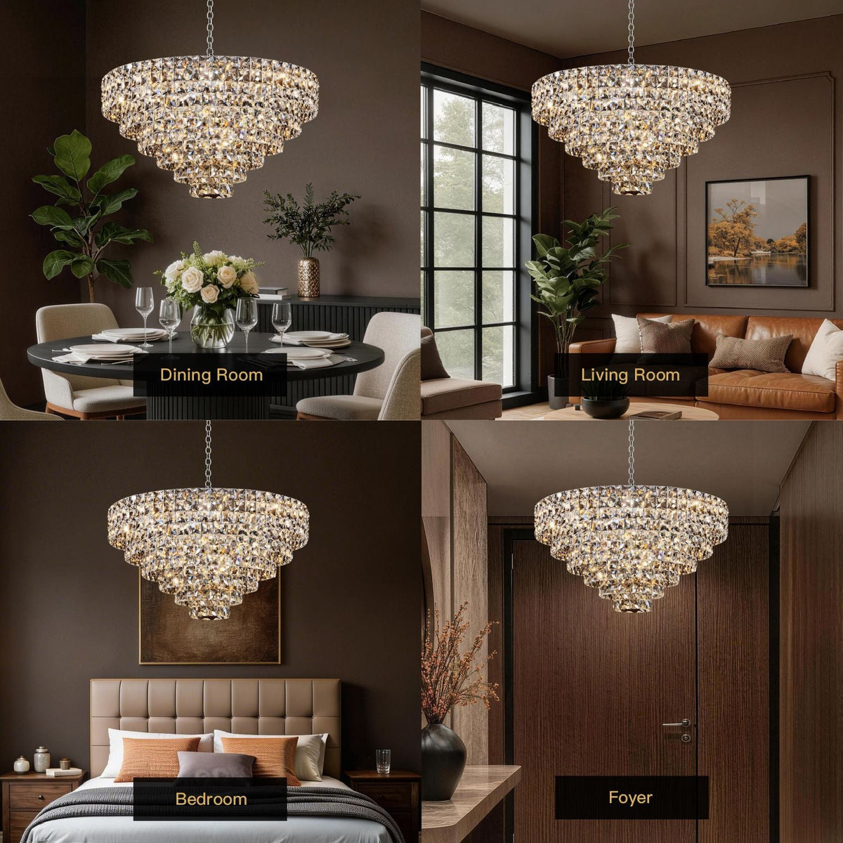 Aria Modern Gold K9 Crystal Chandelier in all key home spaces — Dining Room, Living Room, Bedroom, and Foyer — demonstrating versatile luxury design for any interior style | Carra Home