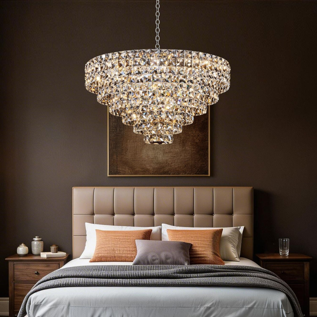 Aria Modern Gold K9 Crystal Glacier Chandelier in a serene bedroom — softly illuminating a tufted headboard, crisp linens, and warm wood tones for romantic, restful ambiance | Carra Home