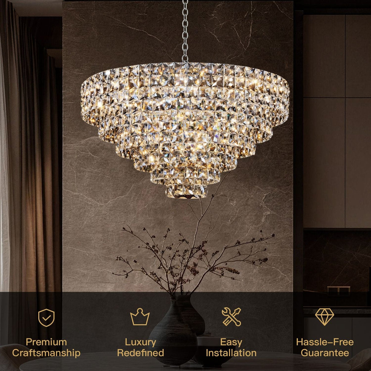 Aria Modern Gold K9 Crystal Chandelier key features: Premium Craftsmanship, Luxury Redefined, Easy Installation, Hassle-Free Guarantee — backed by icons and elegant typography for quick buyer confidence | Carra Home