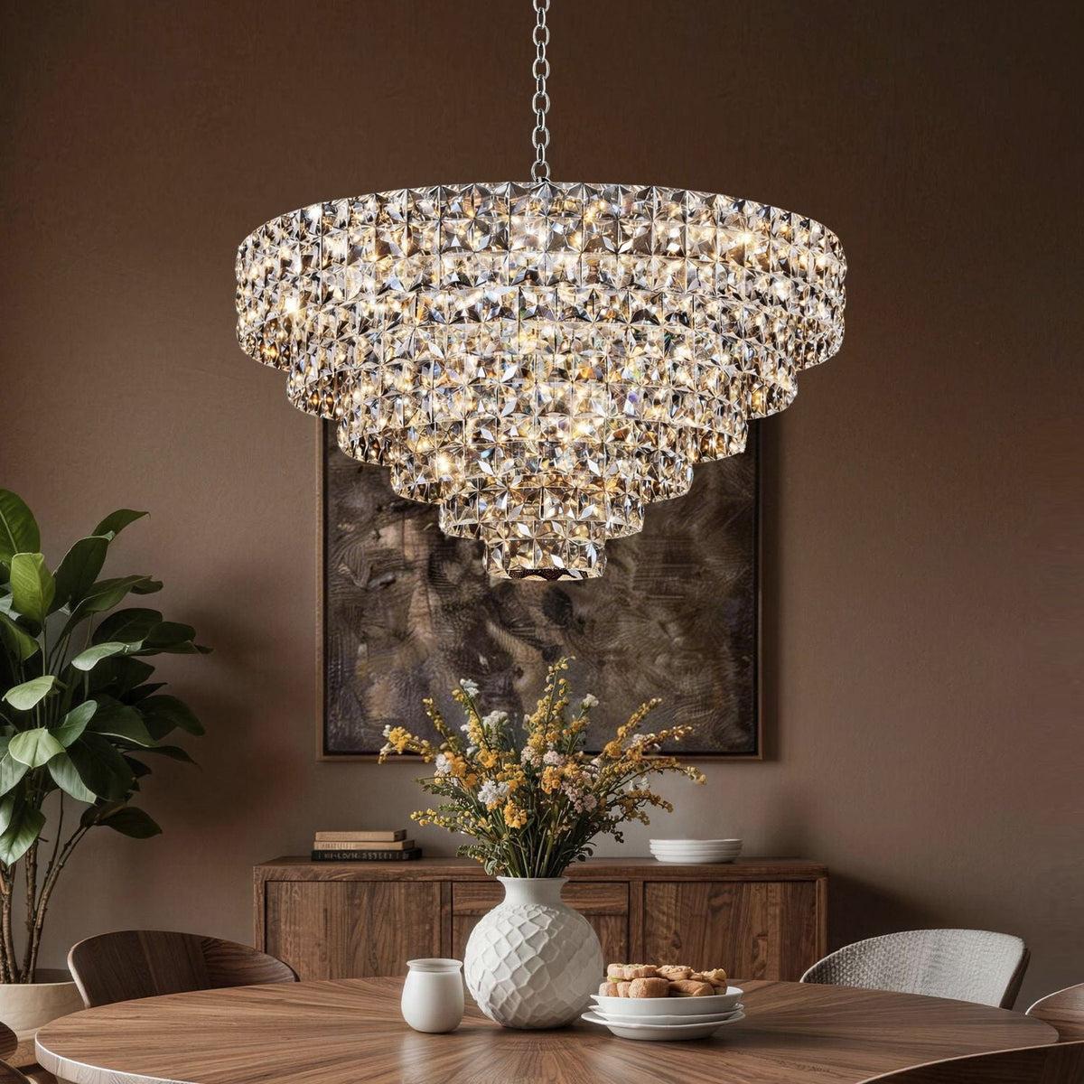 Aria Modern Gold K9 Crystal Glacier Irregular Three-Color Dimming Chandelier — front view showcasing layered crystal tiers, warm gold lighting, and irregular glacier-cut design for maximum sparkle | Carra Home