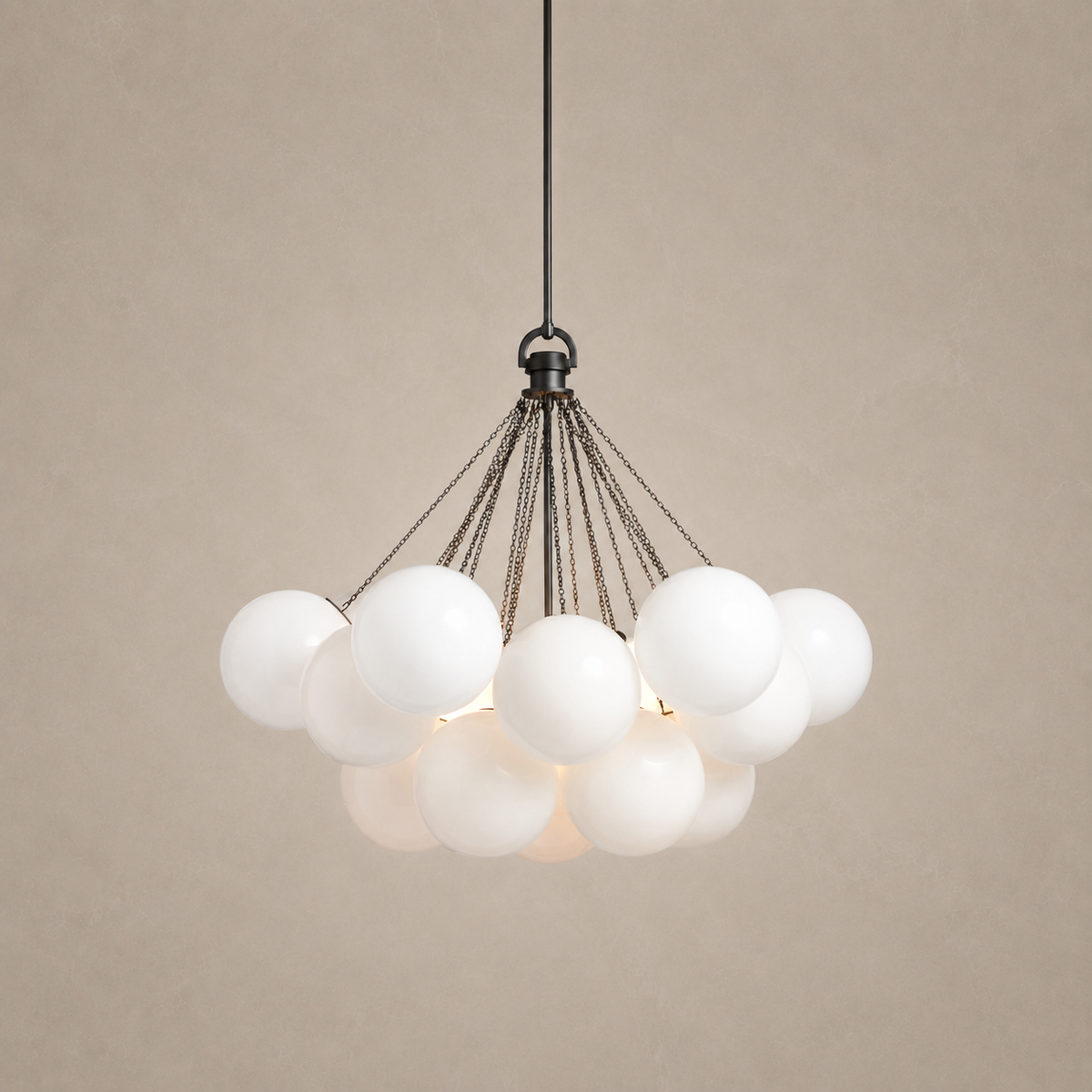 Arlo Opal Glass Cluster Chandelier in black, light on