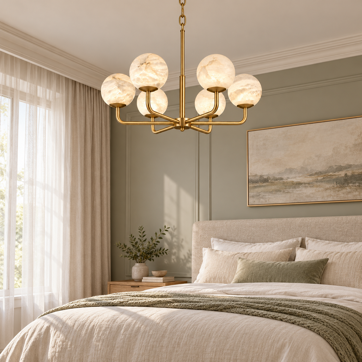 Astera alabaster globe chandelier, 6 lights, 72 cm, brushed brass, bedroom setting | CARRA HOME