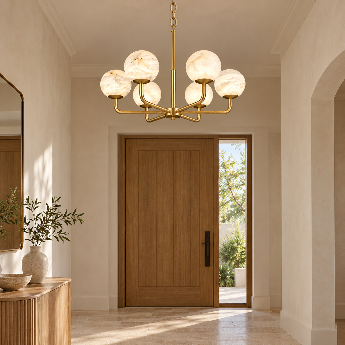 Astera alabaster globe chandelier, 6 lights, 72 cm, brushed brass, foyer setting | CARRA HOME