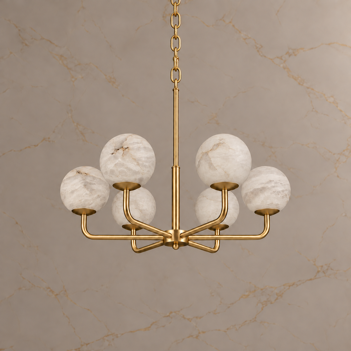 Astera alabaster globe chandelier, brushed brass, 6 lights, 72 cm, light off | CARRA HOME