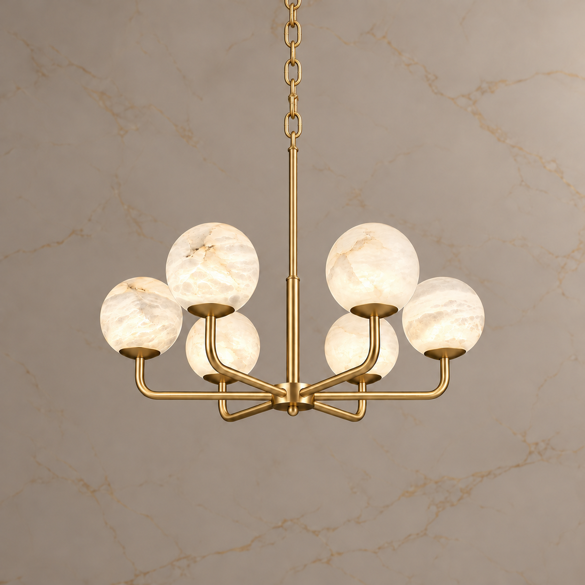 Astera alabaster globe chandelier, brushed brass, 6 lights, 72 cm, light on | CARRA HOME