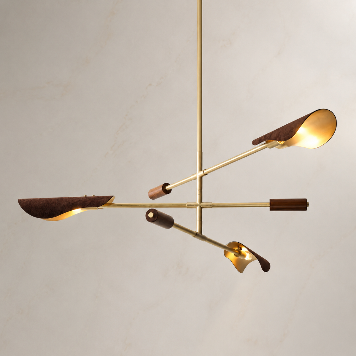 Astrid gold and walnut branch chandelier illuminated