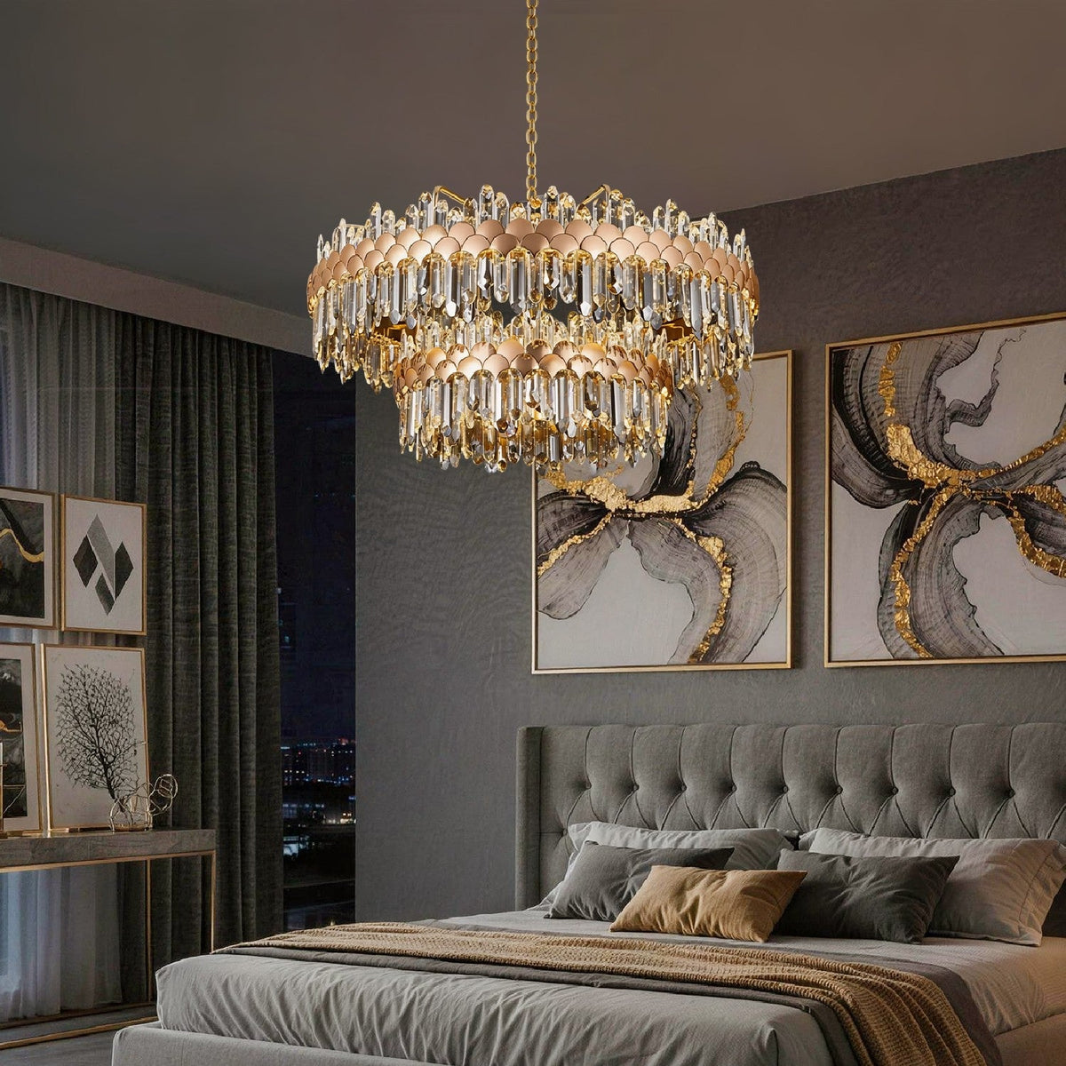 aurelio modern gold k9 crystal double tiered three color dimming chandelier installed in bedroom with soft adjustable lighting | Carra Home