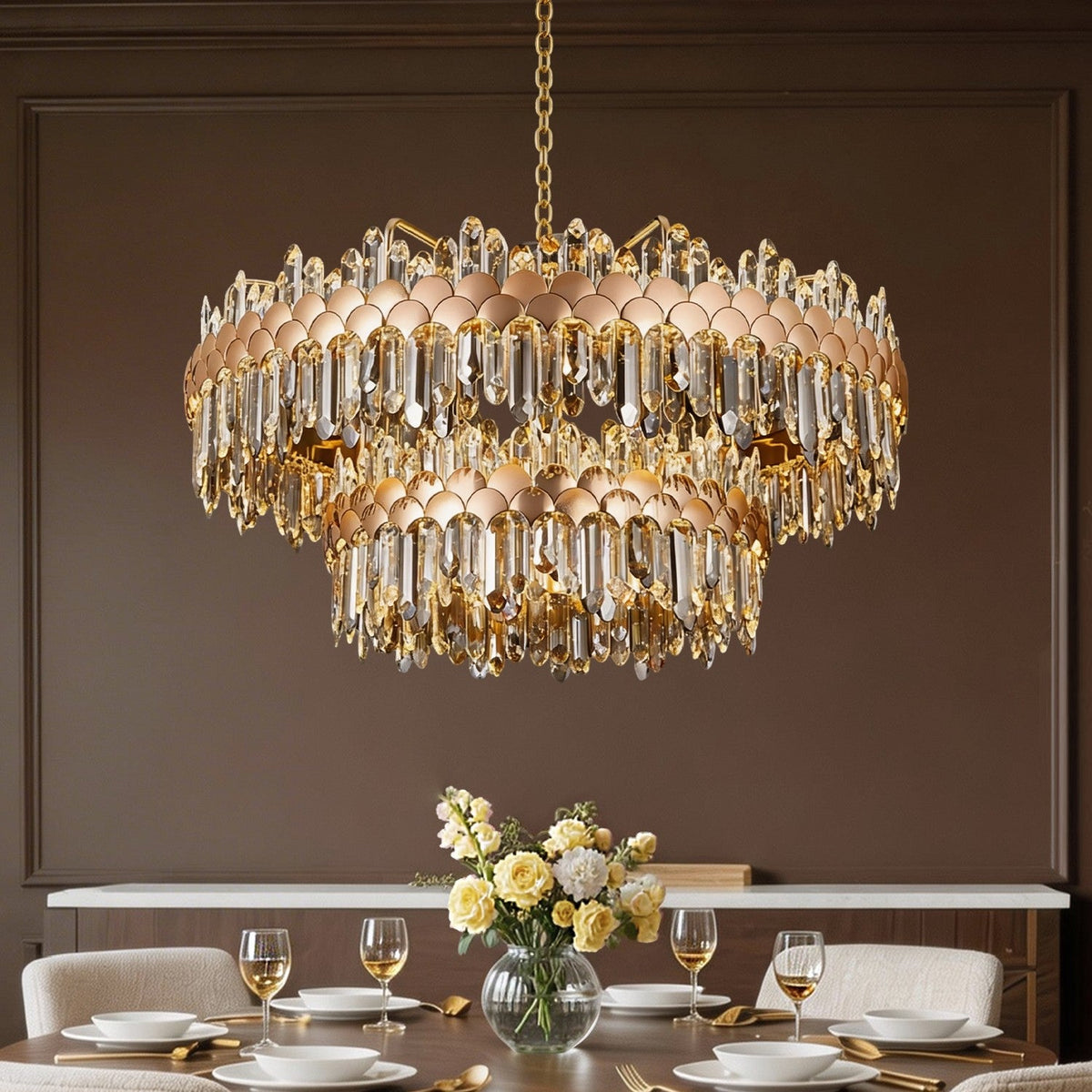 aurelio modern gold k9 crystal double tiered three color dimming chandelier above dining table in elegant dining room | Carra Home