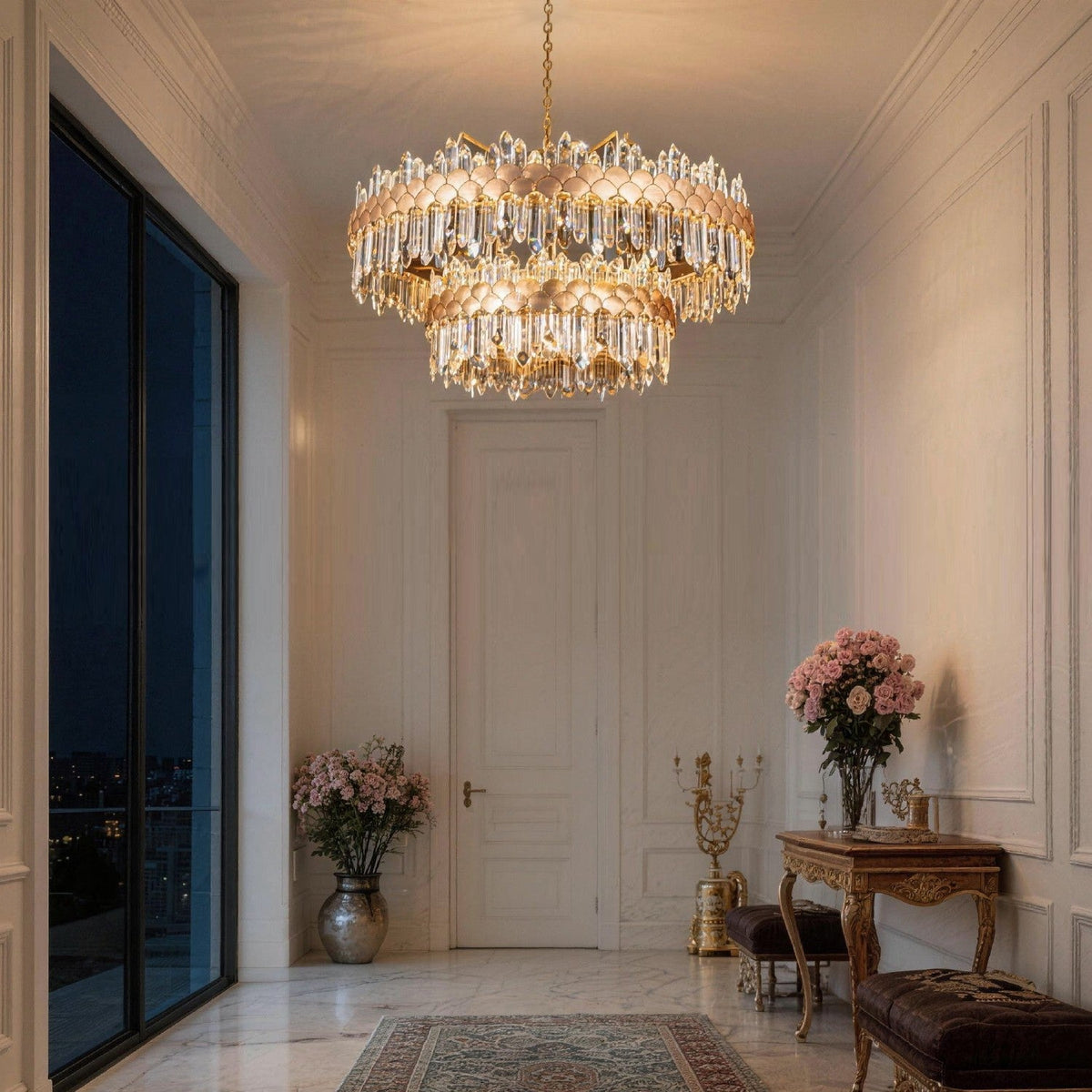 aurelio modern gold k9 crystal double tiered three color dimming chandelier in foyer entryway with elegant gold crystal lighting | Carra Home