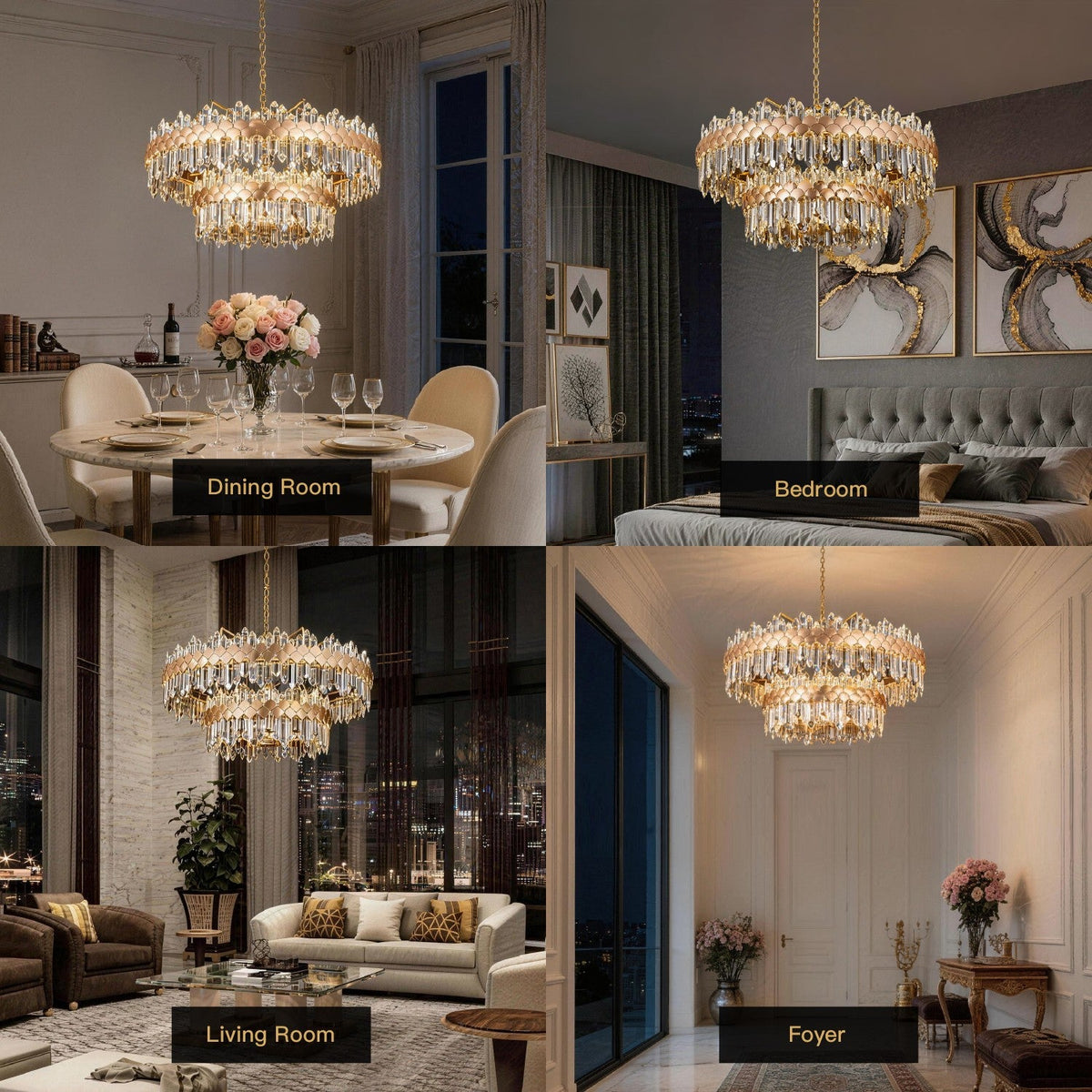 aurelio modern gold k9 crystal double tiered three color dimming chandelier for dining room bedroom living room and foyer lighting | Carra Home