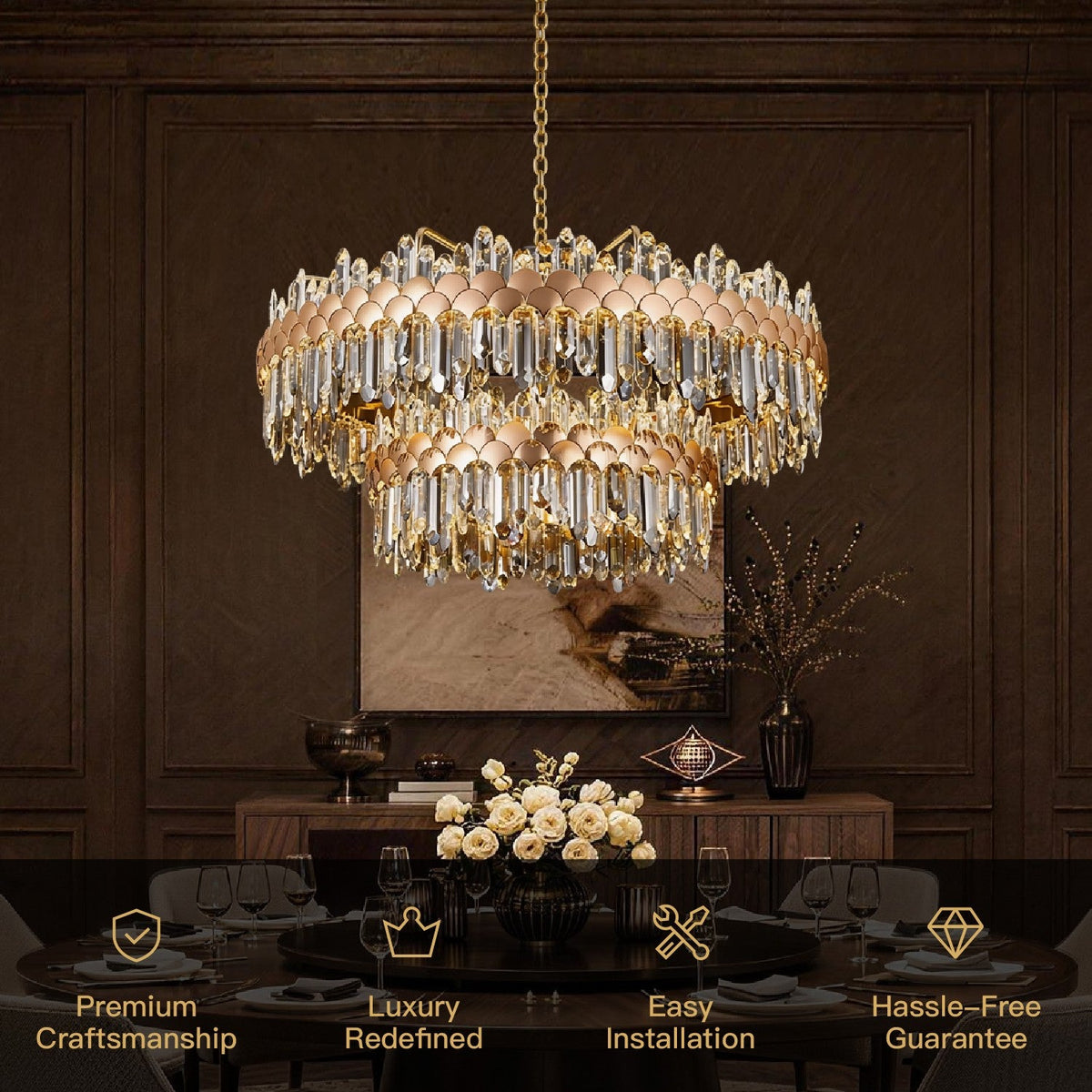 aurelio modern gold k9 crystal double tiered three color dimming chandelier with premium craftsmanship luxury design and easy installation | Carra Home