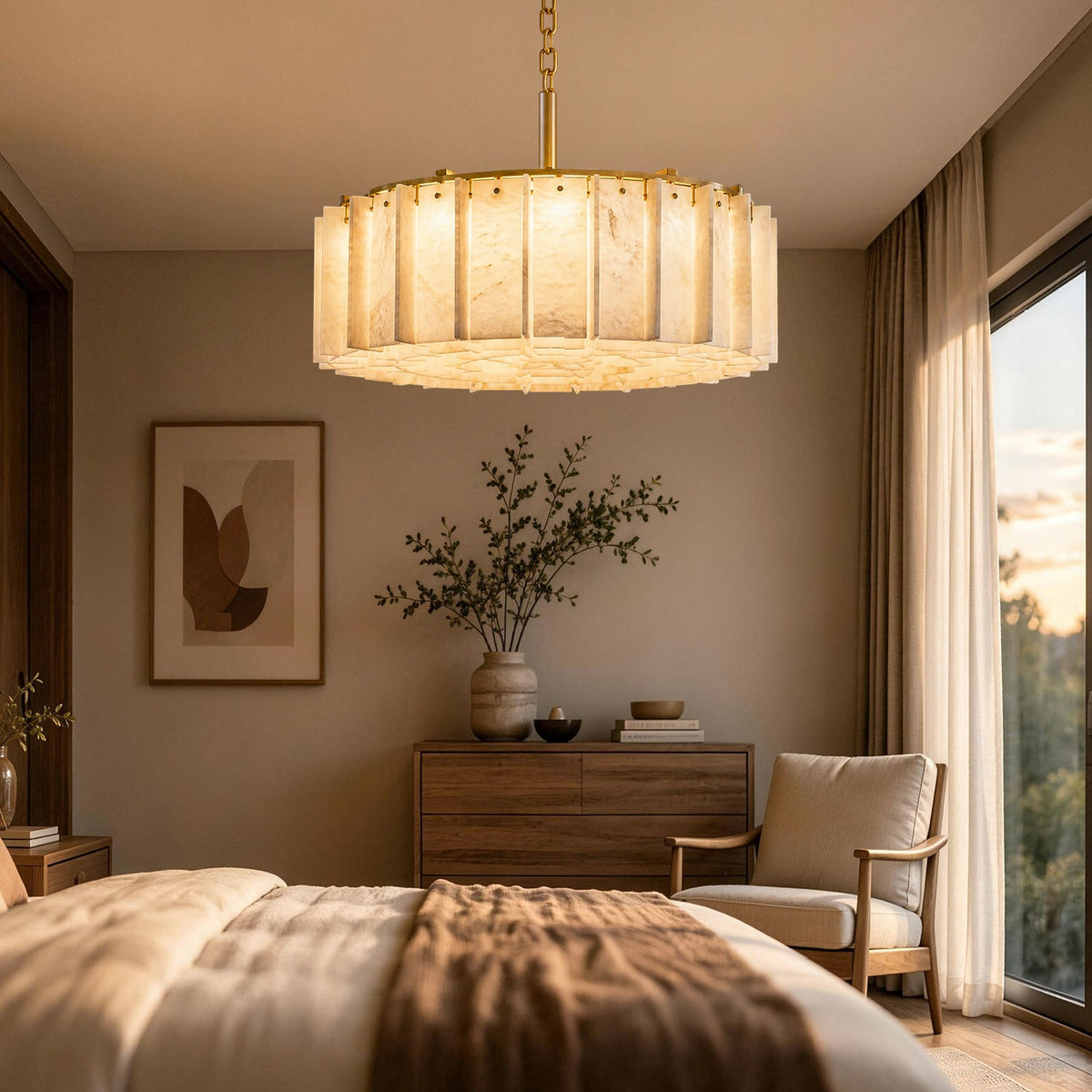 Aurem Alabaster Round Chandelier in a bedroom