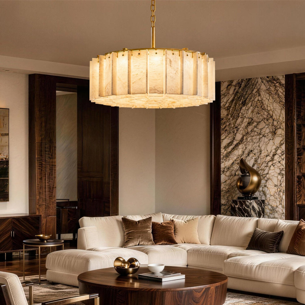 Aurem Alabaster Round Chandelier in a living room