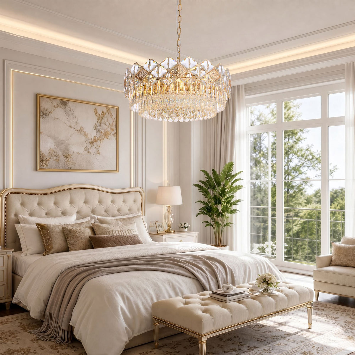 Aureme Chandelier in a serene bedroom — tufted bed, neutral palette, floor-to-ceiling windows, and warm ambient glow for cozy elegance | Carra Home